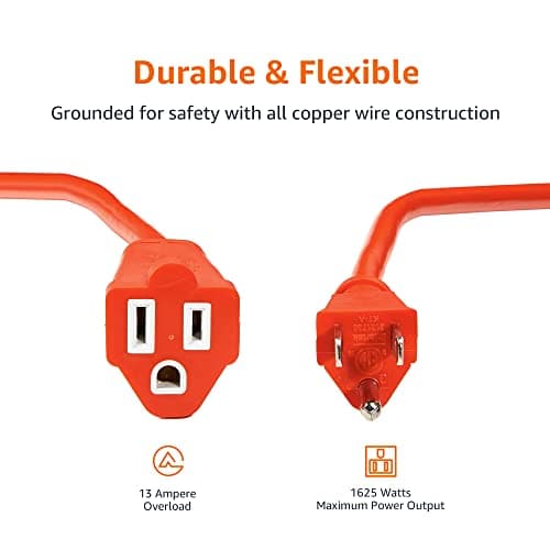 Amazon Basics 50 foot 3-Prong Vinyl Indoor/Outdoor Extension Cord - 13 Amps, 1625 Watts, 125 VAC, Orange
