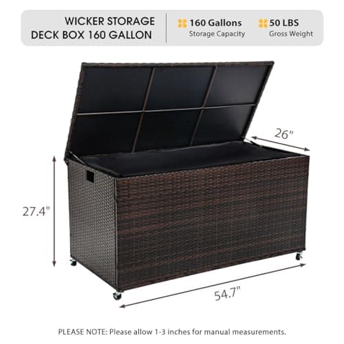 Outdoor 170 Gallon Water-Resistant Wicker Storage Box with Wheels, PE Rattan Deck Box with Waterproof Liner for Outside, Patio Storage Container with Hinged Lid, Horizontal Bin, Brown