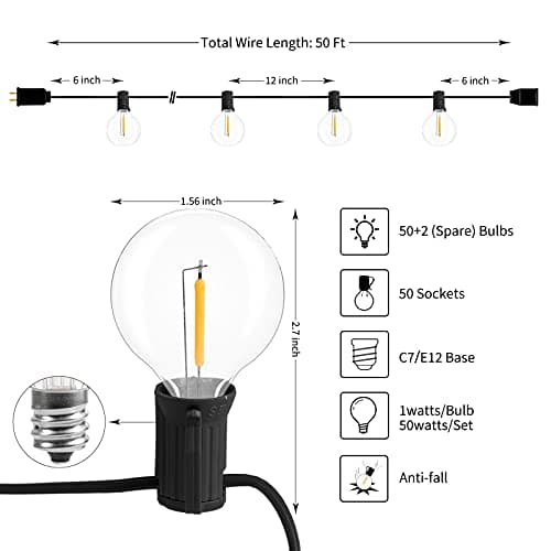 Brightown Led String Lights Outdoor 50Feet G40 Patio Lights with 52 Led Shatterproof Bulbs(2 Spare), Waterproof Led Globe Hanging Lights for Backyard Porch Bistro Balcony Decor, E12 Socket, 2200K