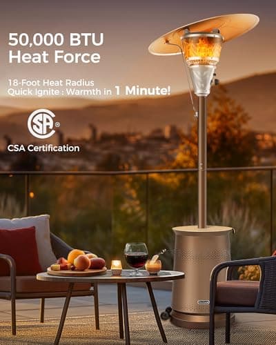 50,000 BTU Patio Heater for Outdoor Use With Adjustable Heat Focusing Top, Propane Patio Heater with Wheels, Stainless Steel Burner for Porch Garden Commercial Residential, Dark Brown