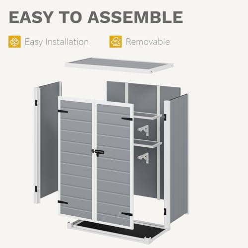DWVO Outdoor Vertical Storage Shed with 2 Shelves, 49 Cu Ft Waterproof Resin Garden Shed with Floor & Lockable Door, Plastic Tall Tool Cabinet for Garbage Cans, Lawn Equipment, Garden Supplies (Gray)