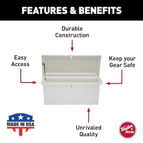 Taylor Made Stow 'N Go Small Fiberglass Dock Box, White (24"H x 54"W x 22"D) – Fiberglass construction, UV gelcoat finish, stainless steel lockable latch and hardware – 2020108652