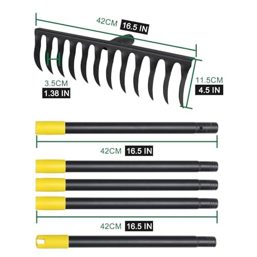 Garden Rake Heavy Duty, 74 Inch Metal Rake with 12 Tines, Bow Rake with Long Handle for Loosening Soil Leveling Lawn Farming Land, Black