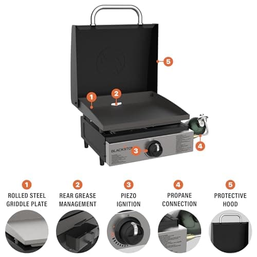 BLACKSTONE 1814 Stainless Steel Propane Gas Portable, Flat Top Griddle Frill Station for Kitchen, Camping, Outdoor, Tailgating, Tabletop, Countertop – Heavy Duty & 12, 000 BTUs, 17 Inch, Black