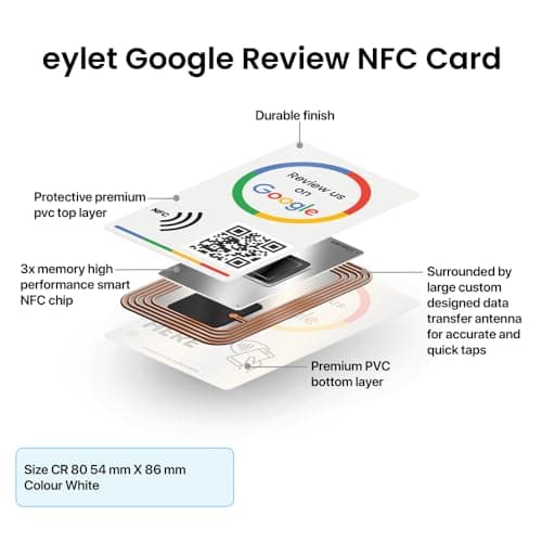 Google review card v3 from eylet | No Subscription, faster NFC Taps and QR code for instant sharing of the Google review link for your business, works with iPhone and Android.
