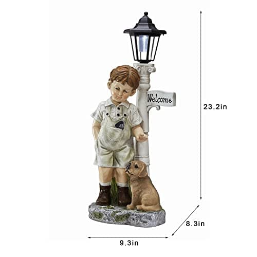 Solar Boy Statue Welcome Sign Garden Statues for Garden Decor, Porch, Lawn, Yard Art Decorations, Resin 23.2H inch