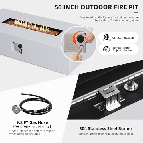 UPHA 56 inch Outdoor Gas Rectangle Fire Pit Table 50000 BTU Propane Iron Firepit for Outside Patio with Tank Cover, Removable Lid, Gold Reflective Glass, Lava Rocks, Rain Cover, White