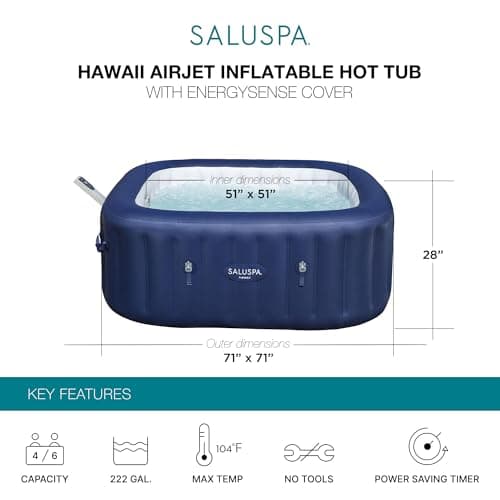 Bestway SaluSpa Hawaii Smart AirJet Inflatable Hot Tub Square Portable 4 to 6 Person Spa with 140 AirJets, App Control and EnergySense Cover, Blue