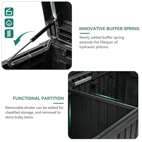 YITAHOME 180 Gallon XL Deck Box Large Outdoor Storage w/Divider for Patio Furniture,Outdoor Cushions, Garden Tools, Sports Equipment and Pool Supplies, Waterproof, Resin, Lockable, Black