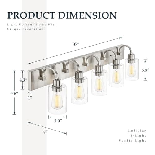 Emliviar 5-Light Bathroom Vanity Light Fixture, 37" Bath Wall Light Fixtures in Brushed Nickel Finish with Clear Glass, YCE237B-5W BN