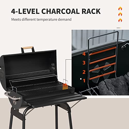 Outsunny 30" Portable Barrel Charcoal BBQ Grill, Steel Outdoor Barbecue Smoker with 370 Square Inches Cooking Space, Storage Shelf, Wheels for Garden Camping Picnic, Black