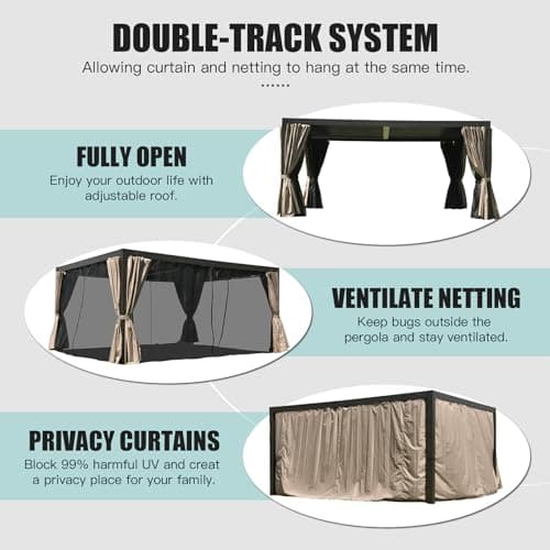Domi Outdoor Living 10’ X 13’ Outdoor Louvered Pergola Aluminum Patio Garden Pergola with Adjustable Roof for Backyard, Garden w/Curtains and Netting (Dark Brown)