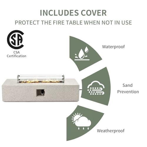 COSIEST 2-Piece Outdoor Propane Fire Table Set, Rectangle Concrete 56-inch x 28-inch Fire Pit (CSA Certified, 50,000 BTU) w 20lb Tank Table, Wind Guard, Waterproof Cover for Garden, Porch, Backyard