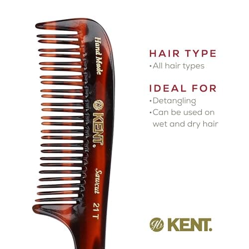 KENT 21T 8 Inch Large Hair Detangling Comb, Wide Teeth for Thick Curly Wavy Hair. Long Hair Detangler Comb For Wet and Dry. Handmade of Quality Cellulose, Saw-Cut Hand Polished, Made in England