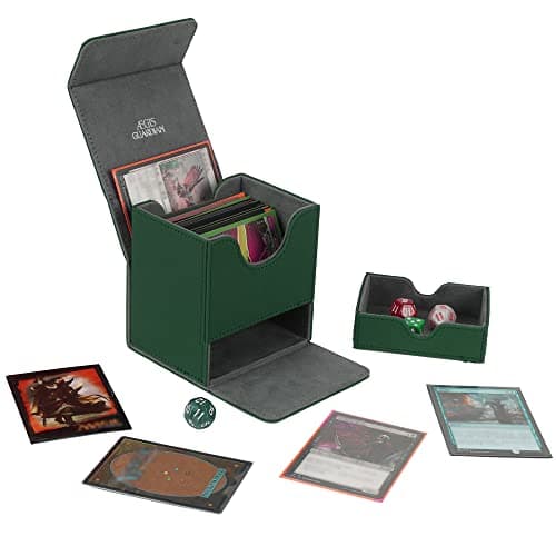 AEGIS GUARDIAN Card Deck Box with Dice Tray for MTG Cards, Commander Deck Box fit 150+ Sleeved Cards, PU Leather Card Storage Box Strong Magnet Deck Game Case for TCG CCG, Green