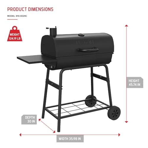 Nexgrill Premium 29" Charcoal Grill with Side Shelf, 552 SQ In Cooking Space, Adjustable Charcoal Tray, Chimney Air Vent, Warming Rack, Barrel Smoker Grill for Camping, Picnics, and More - 810-0029C