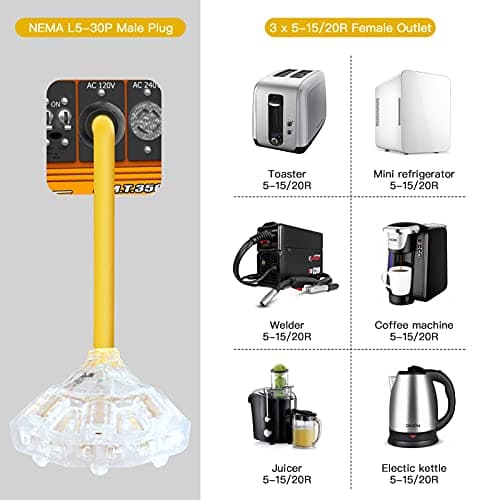30 Amp to 110 Adapter Generator Power Cord, 3 Prong 30 Amp to 15 A Generator Adapter, Nema L5-30P Male Twist-Lock Power Plug to 3X 5-20R/5-15R 3-Way Outlet Female with Light Indicator