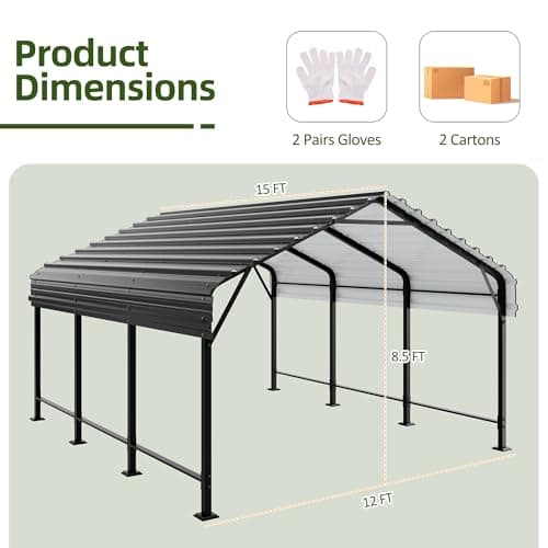 JAMFLY 12X15 FT Carport, Heavy Duty Carport Canopy with Galvanized Steel Roof and Frame, Metal Carport Upgraded Extra Large Garage for Pickup, Boat, Car and Tractors