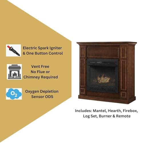 Comfort Glow Dual Fuel Ventless Gas Fireplace with Mantle The Avalon, Adjustable Thermostat, Natural Gas or Liquid Propane, 26,000 BTU, Heats 950 sq ft - Walnut Finish Gas Fireplace