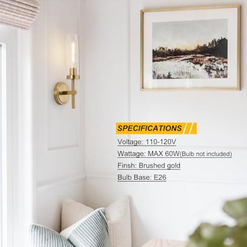 Gold Wall Sconces Set of 2, Modern Bathroom Sconces Wall Lighting Vanity Light Fixtures with Clear Glass, Brushed Brass Wall Mount Lights for Living Room Corridor Mirror Bedroom Stairs