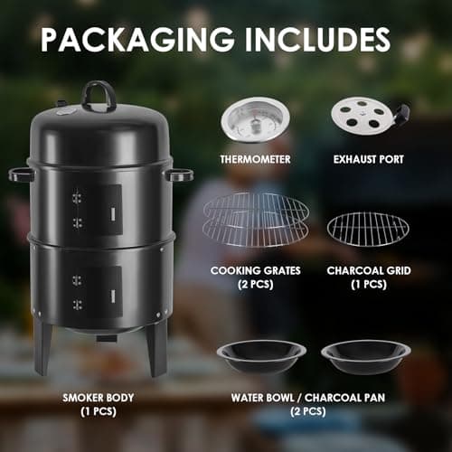 17-Inch Vertical 17-Inch 3-in-1 Charcoal BBQ Smoker, Heavy-Duty Portable Outdoor Grill with Built-in Thermometer, Dual Air Vents, and Multi-Level Cooking for Camping & Backyard Parties