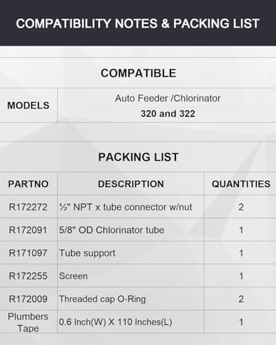 Pool Chlorinator Parts (Includes: 1/2" NPT 90-Degree Tube Connector, 5/8" OD Tube, Tube Support, Screen and O-Ring) Compatible with Auto Feeder/Chlorinator 320 and 322