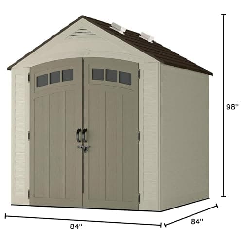 Suncast Vista 7x7 Storage Shed with Multi-Wall Resin Panels, 4 Skylights, IllumiVent System, and Pad-Lockable Doors, 84" D x 84" W x 98" H, Made in The USA