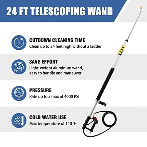 JANZ 24 FT Pressure Washer Telescoping Wand with Power Washer Extension Wands, Brush Head, Gutter Cleaner, 7 Spray Nozzle Tips, 2 Hose Adapters and Support Belt TW-004
