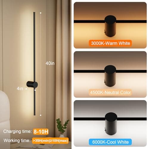 NIORSUN 40 Inch Battery Operated Wall Sconce Set of 2,Black Minimalist Rechargeable LED Wall Lights with Remote, 18 Colors Dimmable Wireless Wall Lamp for Living Room Bedroom Hallway