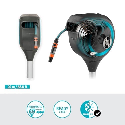 GARDENA (18614-80) 66' x 1/2" Automatic Retractable Garden Hose Reel on Metal Spike, 66' Outside Garden Hose Length, with 360° Rotation to Reach All Areas of Your Yard