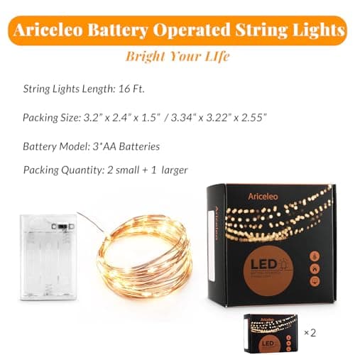 Led Fairy Lights Battery Operated, 2 Packs Mini Battery Powered Copper Wire Starry Fairy Lights for Bedroom, Christmas, Parties, Wedding, Centerpiece, Decoration (5m/16ft Warm White)