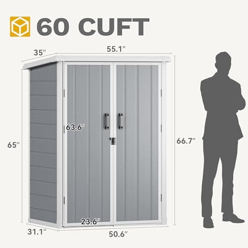 DWVO 60 Cuft Outdoor Tall Storage Shed with 2 Shelves, Weatherproof Vertical Tool Shed with Floor & Lockable Doors, Sturdy Double-Wall Plastic Cabinet for Garbage Cans and Garden Equipment (Gray)