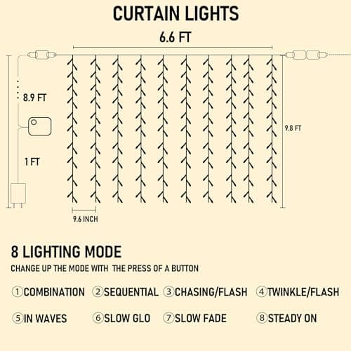Dazzle Bright 300 LED Curtain String Lights, Christmas Fairy Lights for Bedroom with 8 Lighting Modes, Connectable Waterproof Window Lights Party Wedding Garden Wall Decor, Warm White