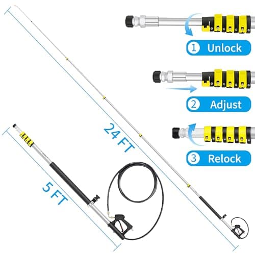24 FT Telescoping Pressure Washer Wand Extension, Aluminum Power Washer Extension Wand with 7 Nozzle Tips, 3 Adapters & Support Harness, Gutter Cleaning Tools for 2 Story House