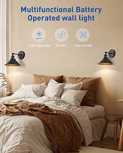 Black Vintage Wireless Battery Operated Wall Sconces, Industrial Cordless Battery Powered Led Wall Lights Set of 2, Wall Lamp Fixture Indoor with Remote Control for Bedroom Farmhouse Gallery