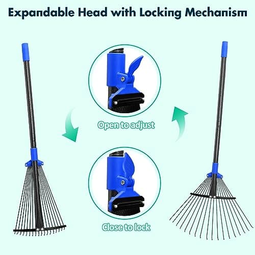 Garden Rake, Leaf Rake with Expandable Head from 9.5 inch to 17 inch, Collapsible Lawn Rakes with 53 Inch Adjustable Handle, Heavy Duty Metal Rakes for Lawn Yard, Flower Beds