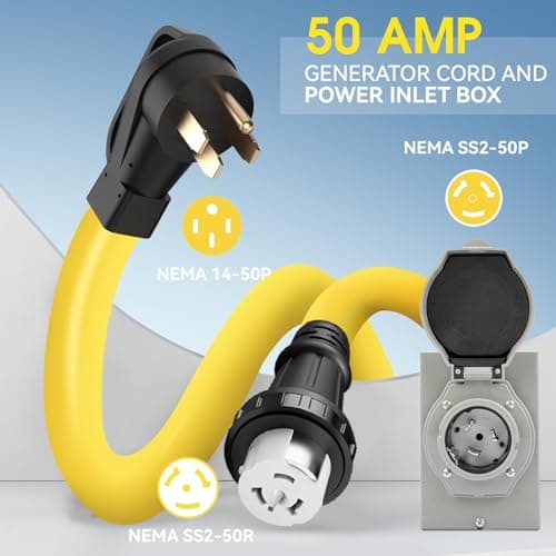 50 Amp Generator Cord and Power Inlet Box, Heavy Duty 25FT Generator Extension Cord, NEMA 14-50P to SS2-50R 125/250V Twist Locking with Pre-Drilled Inlet Box for Outdoor Emergency Kit