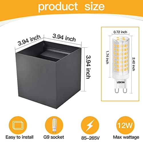 2 Pcs G9 Outdoor Wall Lights Exterior/Interior Wall Sconces Up and Down Lights IP65 Waterproof Modern Outdoor Lighting Square Aluminum Black 3000K Warm Lights Replaceable bulb, Adjustable Light Angle