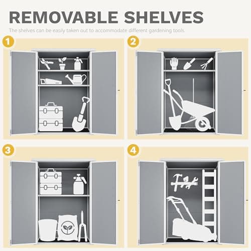 DWVO Outdoor Vertical Storage Shed with 2 Shelves, 49 Cu Ft Waterproof Resin Garden Shed with Floor & Lockable Door, Plastic Tall Tool Cabinet for Garbage Cans, Lawn Equipment, Garden Supplies (Gray)