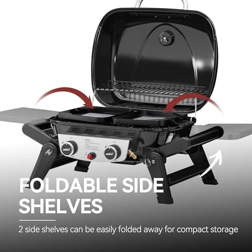 Royal Gourmet GT2005 2-Burner Portable Propane Gas Grill with Foldable Side Tables & Foldable Support Legs, Tabletop Gas Grill with Warming Rack for for Outdoor Cooking & Grilling, Black