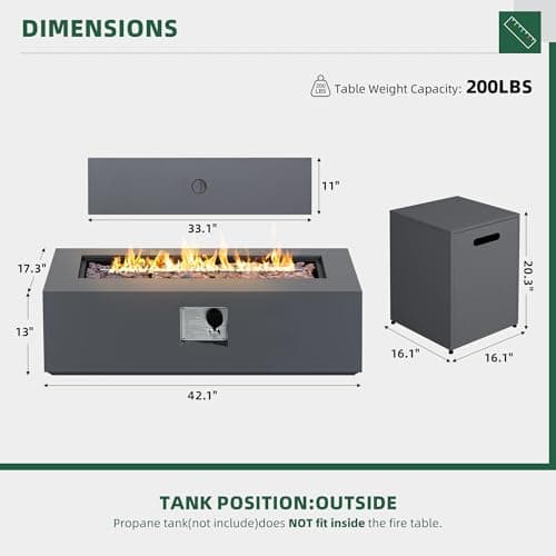 UPHA 42-inch Outdoor Propane Gas Fire Pit Table 50000 BTU Iron Rectangle FirePit for Outside Patio with Tank Hidden Table, Removable Lid, Lava Rocks, Rain Cover, Grey