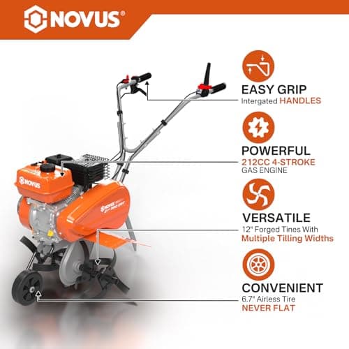 NOVUS 21-Inch Gas Tiller for Gardening, 212cc Front Tine Tiller Cultivator, 4-Cycle Engine with Toolless Adjustable Tilling Width 12"-21", Versatile Garden Tillers Gas Powered