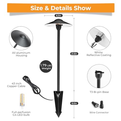 Gardencoin Low Voltage Pathway Lights (8.5'' Shade, 21.5'' Tall)，12V Outdoor LED Landscape Path Lights Wired, Aluminum Pathway Lighting with 3W 2700K Replaceable Bulb for Walkway Garden Yard, 6 Pack