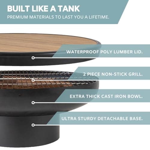 32 Inch Cast Iron, Round Fire Pit Table with Fire Pit Grill, Extra Thick, Heavy Duty Fire Bowl, Deep Outdoor Firepit, Wood Burning Firepits for Outside Patio, Backyard Fire Pits, Large BBQ Pit