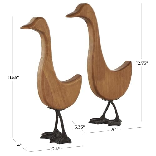 Deco 79 Wood Duck Decorative Garden Sculpture Abstract Minimalistic Garden Statues with Black Metal Feet, Set of 2 Outdoor Sculptures 13", 12"H, Brown
