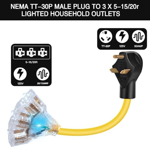 30 Amp to 110V 20 Amp RV Distribution Adapter,NEMA TT-30P Male to 3X 5-20R/15R Female,30 Amp to 15 Amp RV Adapter Extension Cord,3-prong to LIT 3-Way Outlet Splitter for RV Generators with Lighted End
