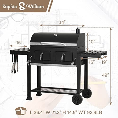 Sophia & William Extra Large Charcoal BBQ Grills with 794 SQ.IN. Cooking Area, Heavy Duty Outdoor Barbecue Grill with 2 Individual Lifting Charcoal Tray and 2 Foldable Side Table, Black