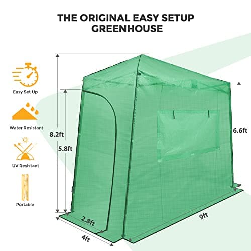 EAGLE PEAK 9x4 Lean-to Portable Walk-in Greenhouse, Pop-up Indoor Outdoor Garden Green House, Zippered Doors and Window, PE Cover, Green