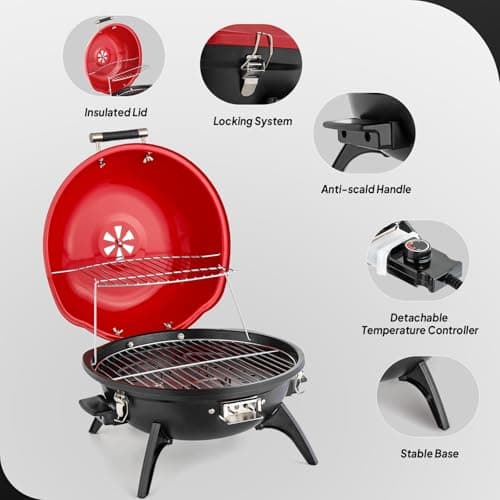 ROVSUN Tabletop Electric Grill with Temperature Control, Double Layer Design, 304 stainless, Portable Removable -Perfect Small Stove for Indoor and Outdoor BBQ, 1600W, Red