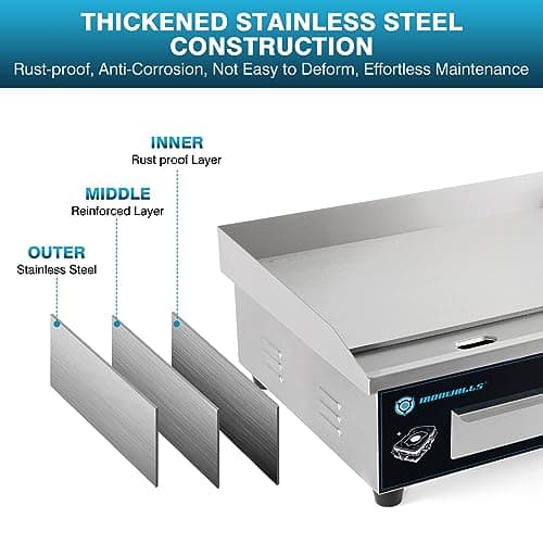 IRONWALLS Commercial Griddle Electric 22”, 3000W Electric Flat Top Grill, Stainless Steel Countertop Electric Griddle Nonstick with 122~572℉Adjustable Temperature Control for Restaurant Kitchen